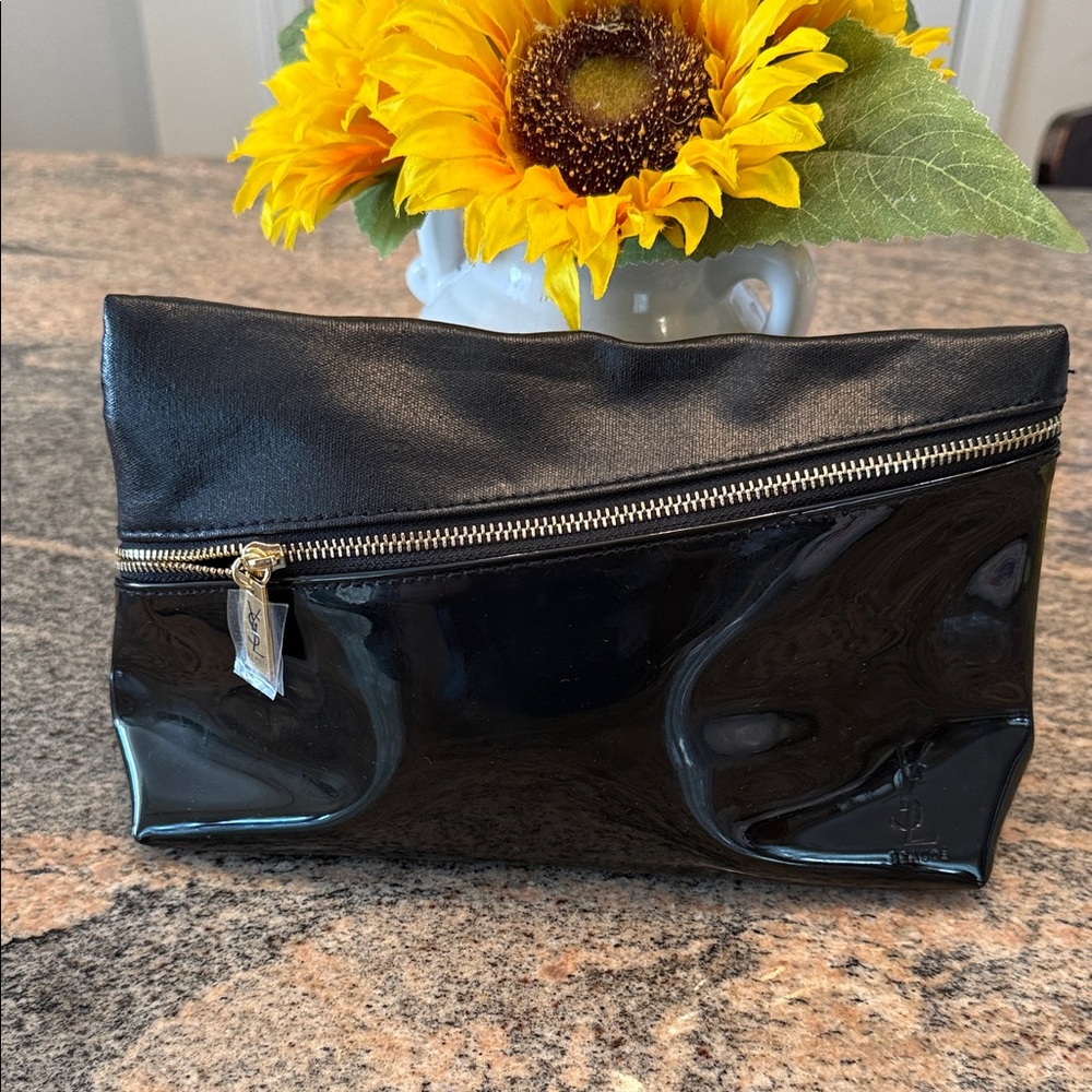 Yves Saint,YSL Beauty Black Faux Patent Leather Makeup Cosmetics Bag / Pouch,
